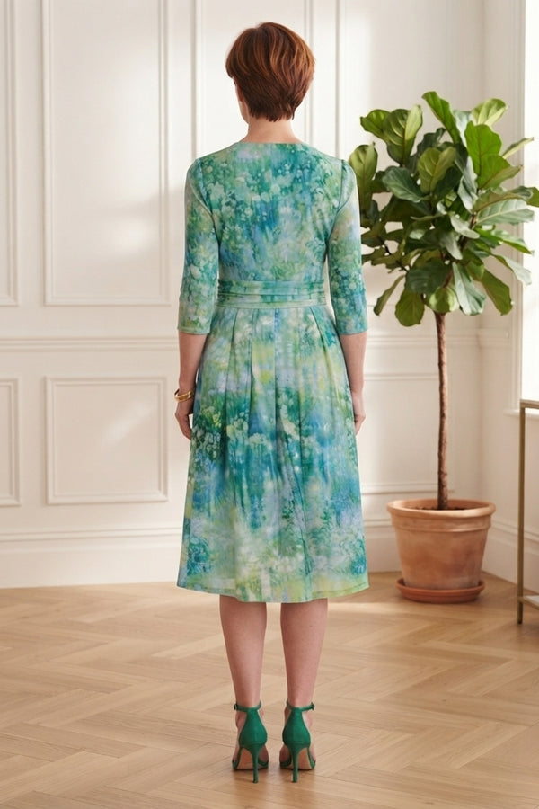 Printed Ruched Wrap Pleated Midi Dress| GREEN