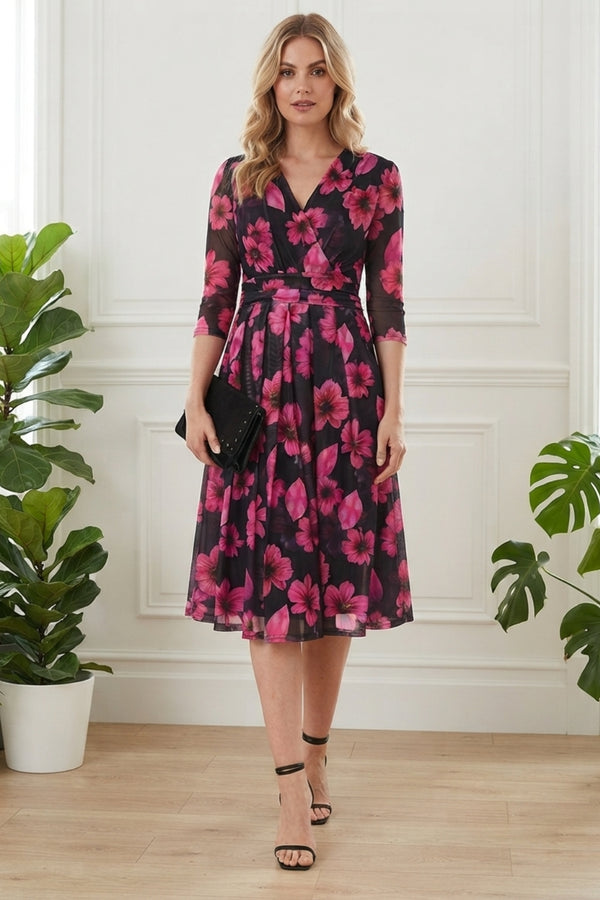 Floral Semi Sheer Ruched Wrap Midi Dress| MULTI BLACK