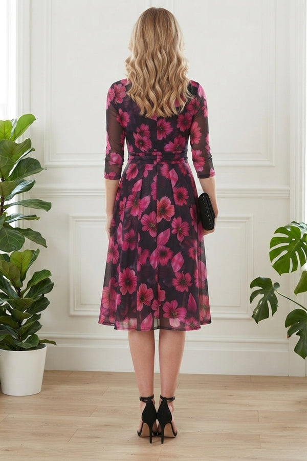 Floral Semi Sheer Ruched Wrap Midi Dress| MULTI BLACK
