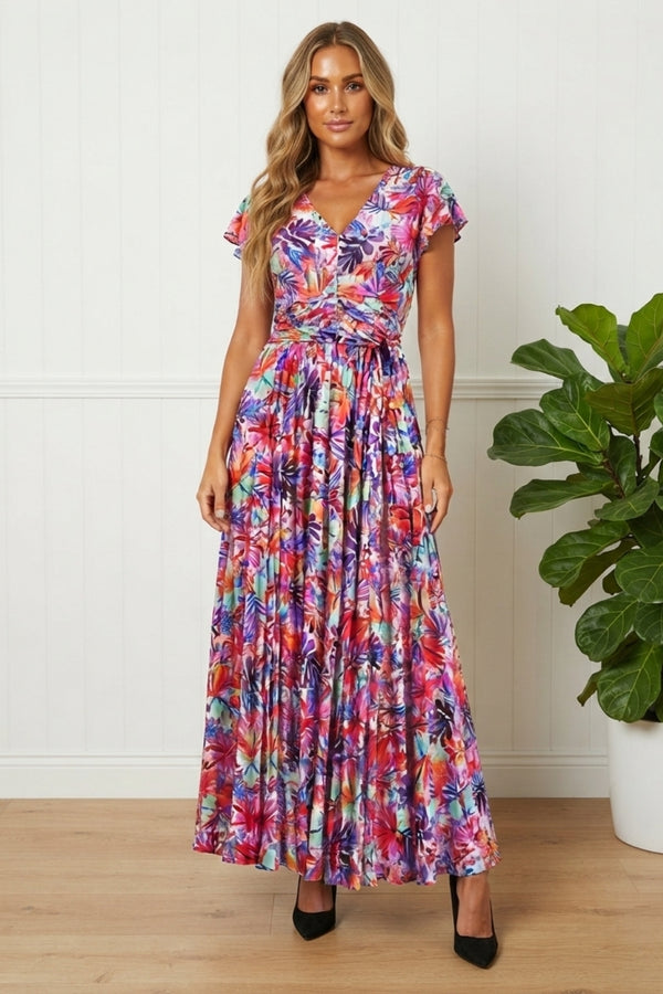 Floral Ruched Cap Sleeve Maxi Dress| PINK
