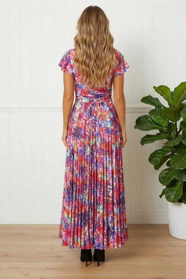 Floral Ruched Cap Sleeve Maxi Dress| PINK