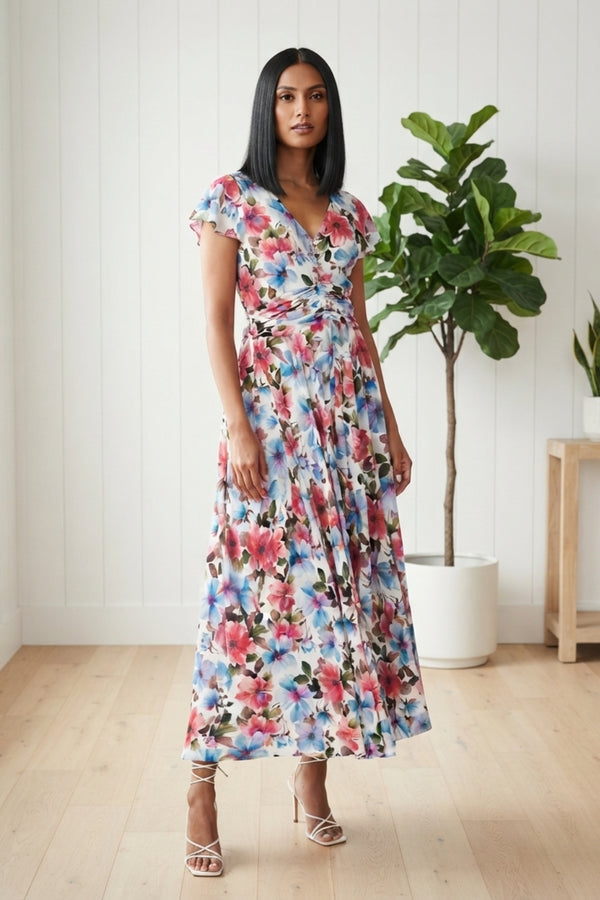 Floral Tie Waist Cap Sleeve Maxi Dress| WHITE WITH PINK