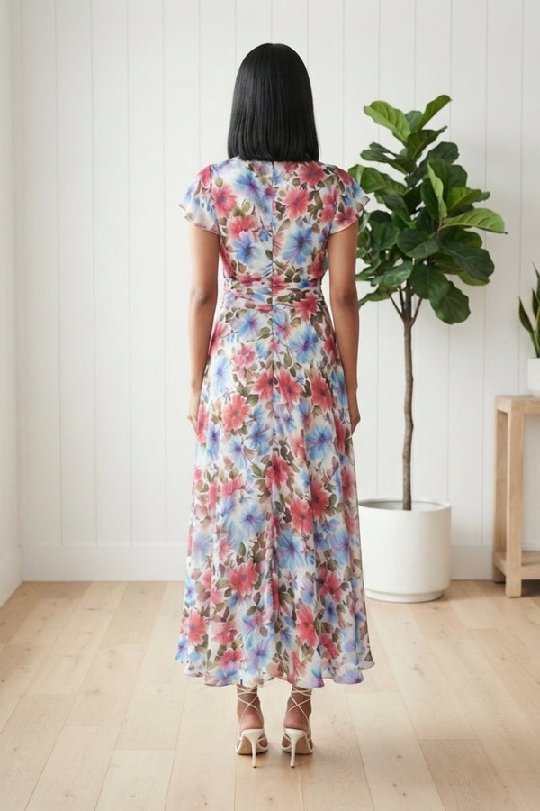 Floral Tie Waist Cap Sleeve Maxi Dress| WHITE WITH PINK