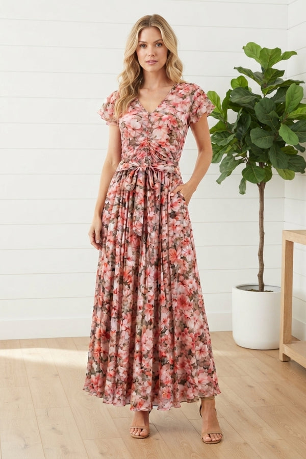 Floral Short Sleeve Tie Waist Maxi Dress| PINK