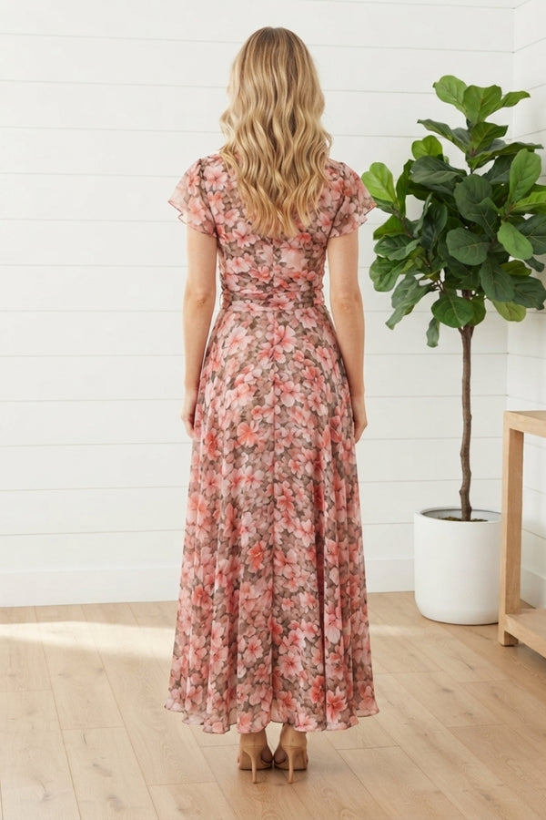 Floral Short Sleeve Tie Waist Maxi Dress| PINK