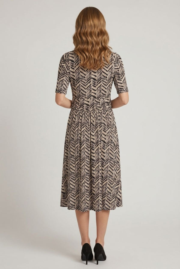 Chevron Print Ruched Wrap Midi Dress| MULTI GREY