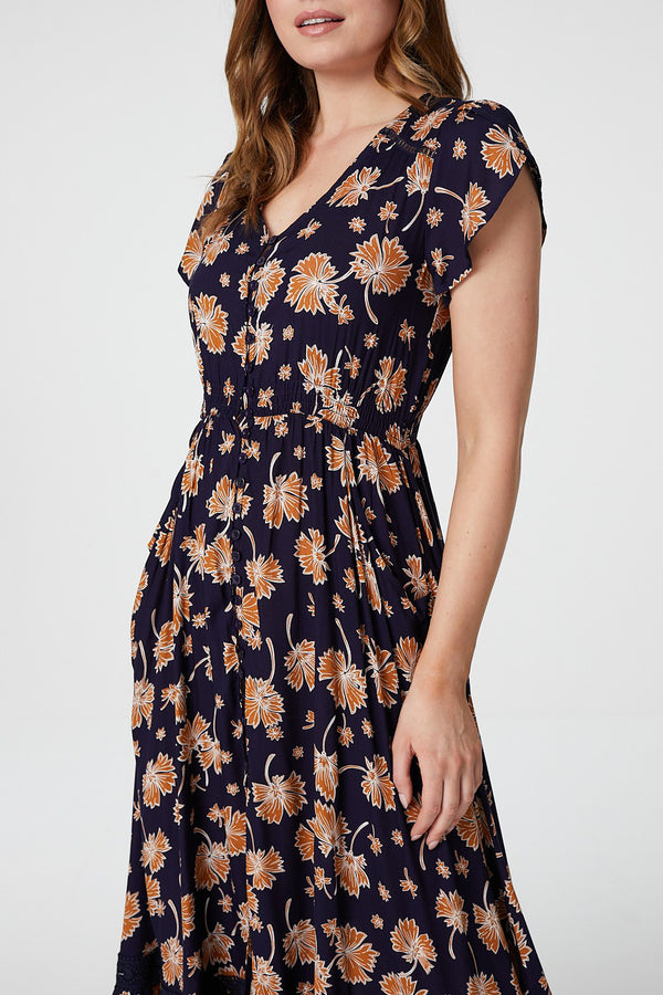MULTI NAVY | Floral Lace Trim Cap Sleeve Maxi Dress