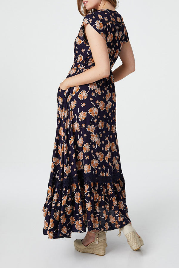 MULTI NAVY | Floral Lace Trim Cap Sleeve Maxi Dress
