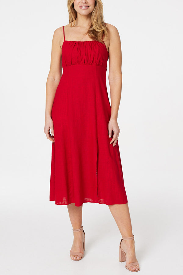 Multi Red | Ruched Sleeveless Midi Dress