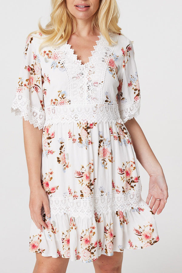 MULTI WHITE | Floral Frill Trim 1/2 Sleeve Short Dress