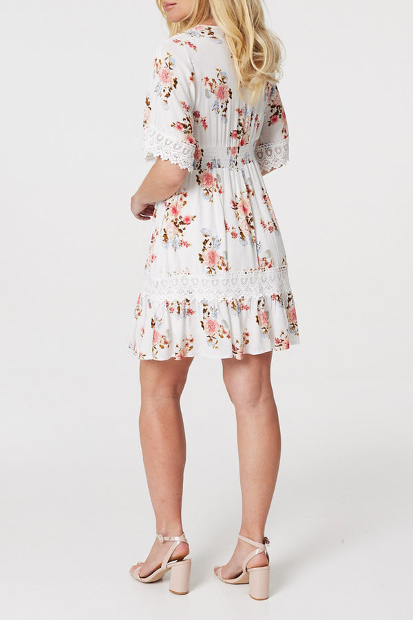 MULTI WHITE | Floral Frill Trim 1/2 Sleeve Short Dress