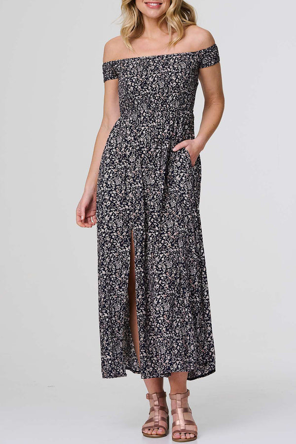 NAVY | Floral Side Split Bardot Maxi Dress