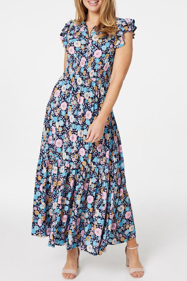 MULTI BLUE | Vintage Floral Frilled Maxi Dress