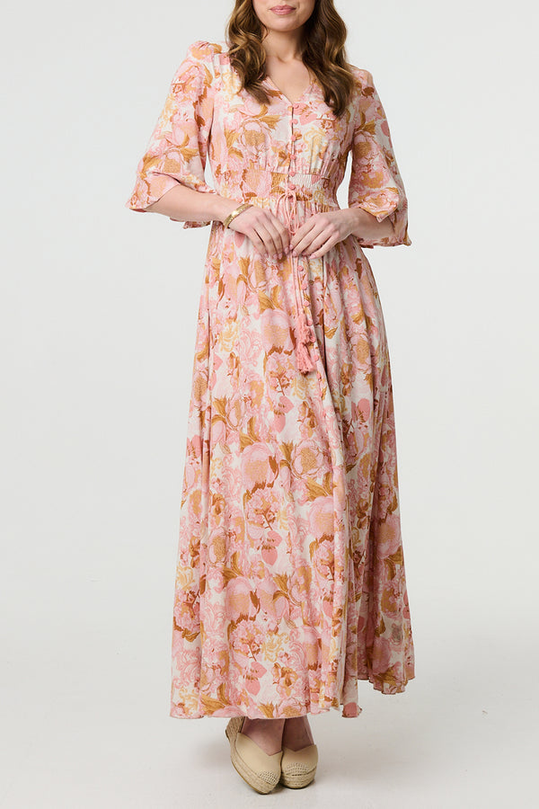 MULTI PINK | Floral 3/4 Sleeve Smocked Maxi Dress