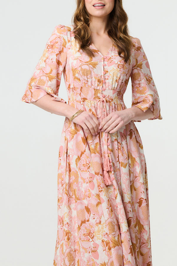 MULTI PINK | Floral 3/4 Sleeve Smocked Maxi Dress
