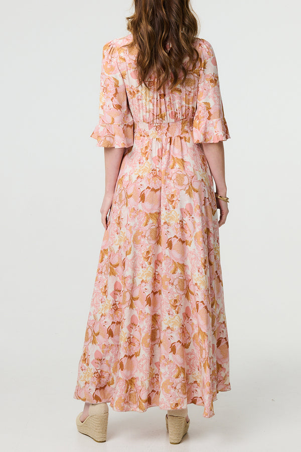 MULTI PINK | Floral 3/4 Sleeve Smocked Maxi Dress