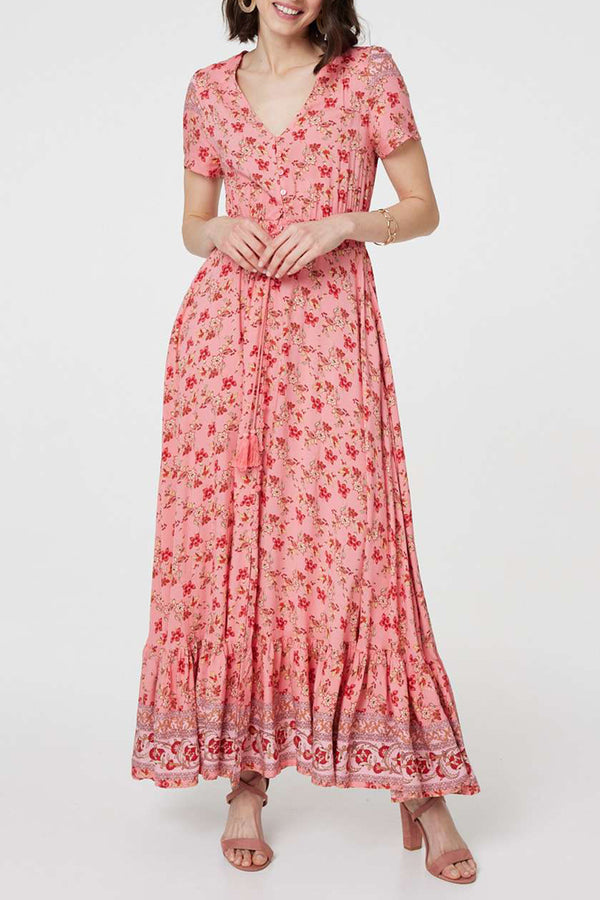 LIGHT PINK | Floral Print V-Neck Tiered Maxi Dress