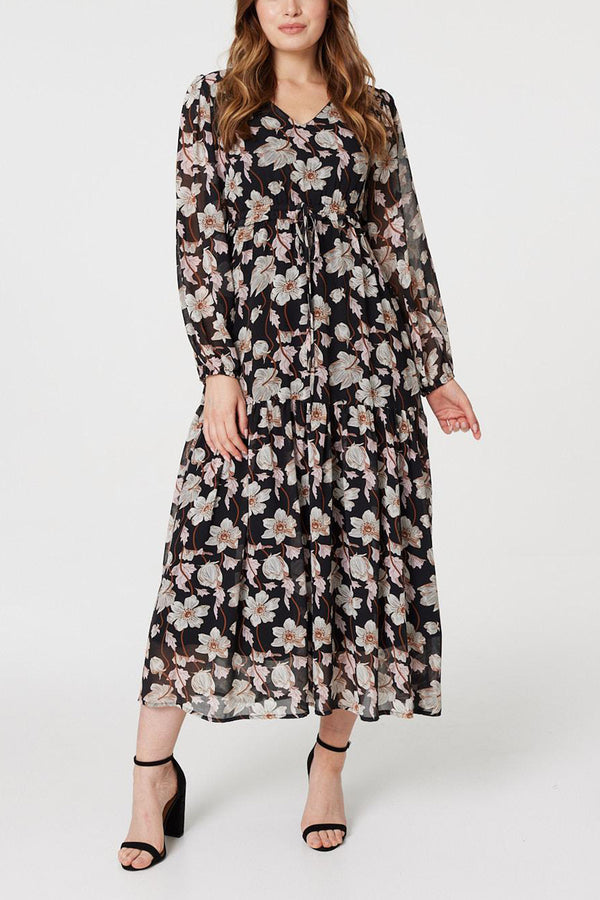 Multi Black | Floral Long Sleeve Smock Dress