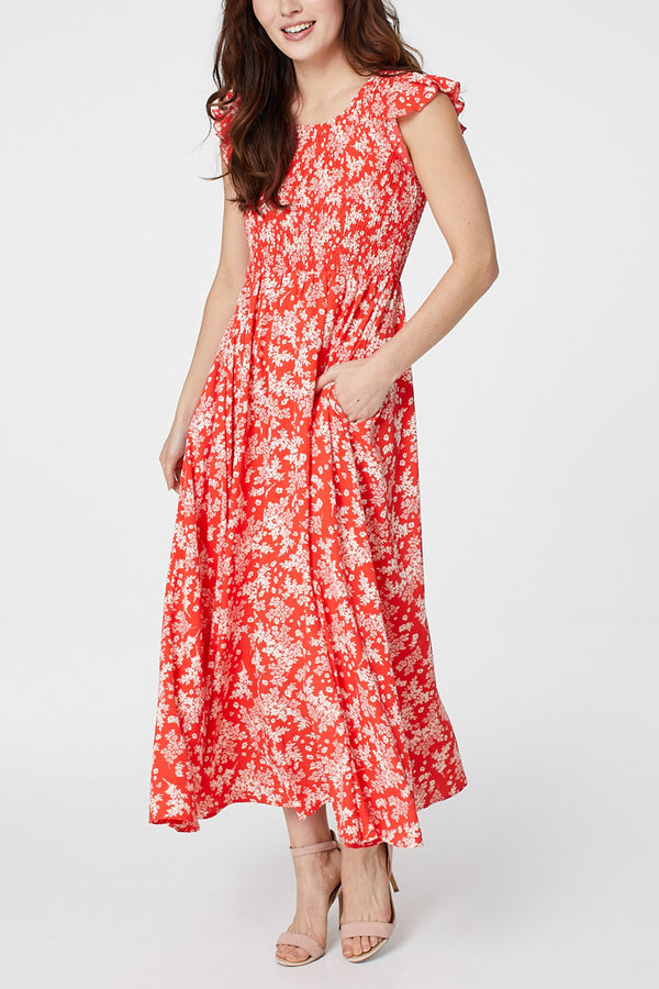 RED | Floral Frill Sleeve Maxi Dress