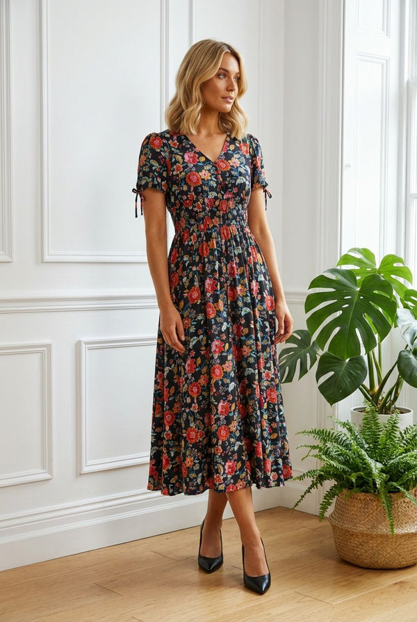 MULTI NAVY | Floral Short Tie Sleeve Smock Maxi Dress