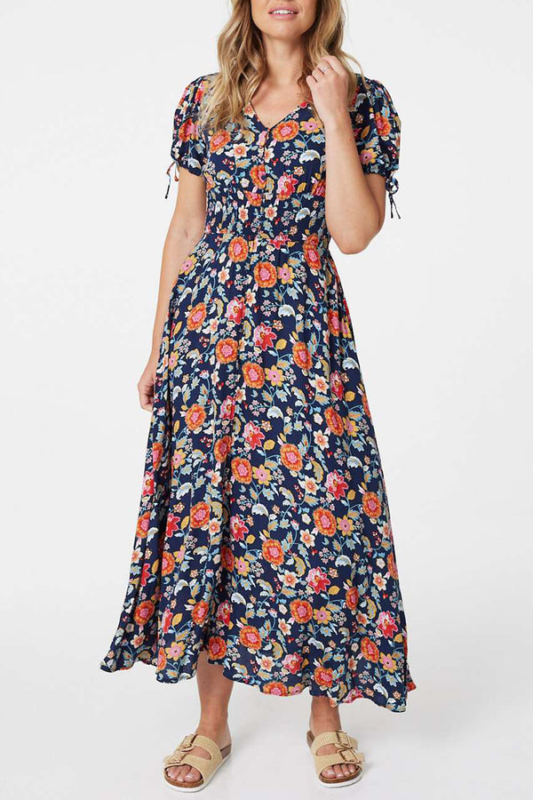 MULTI NAVY | Floral Short Tie Sleeve Smock Maxi Dress