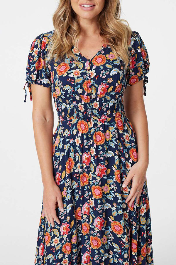 MULTI NAVY | Floral Short Tie Sleeve Smock Maxi Dress