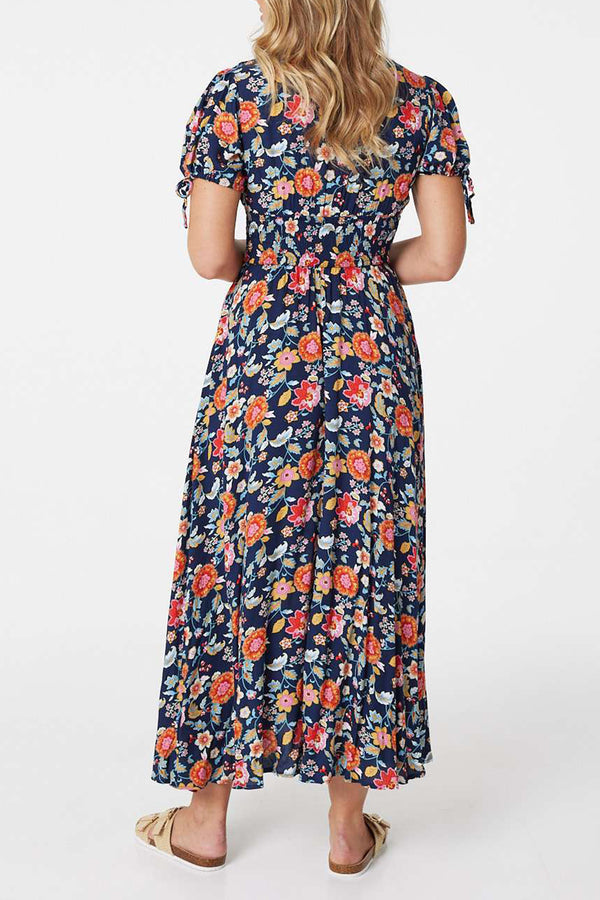MULTI NAVY | Floral Short Tie Sleeve Smock Maxi Dress
