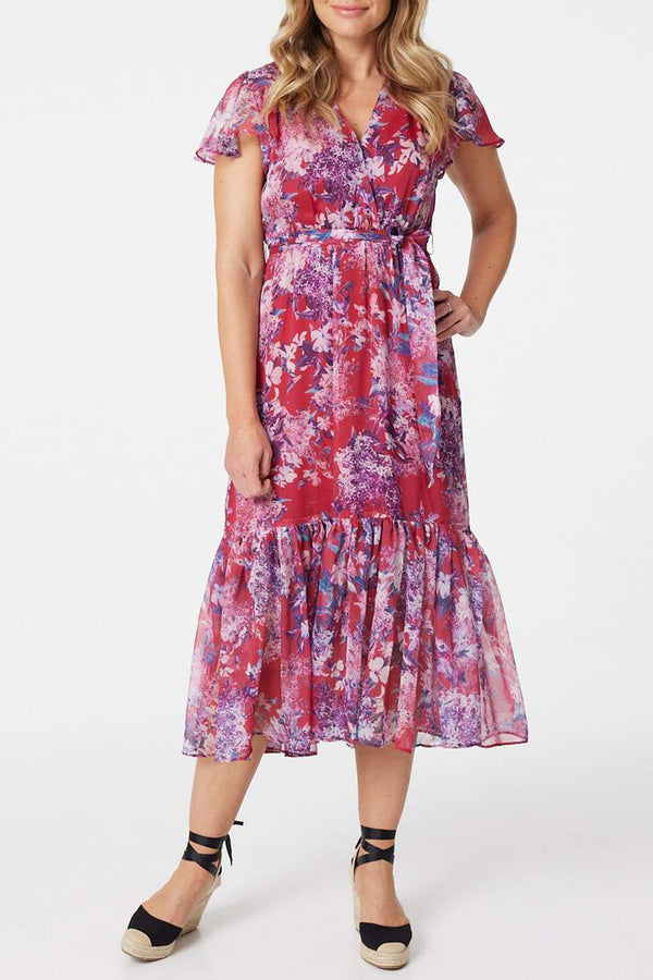 PINK | Floral Frill Semi Sheer Midi Dress