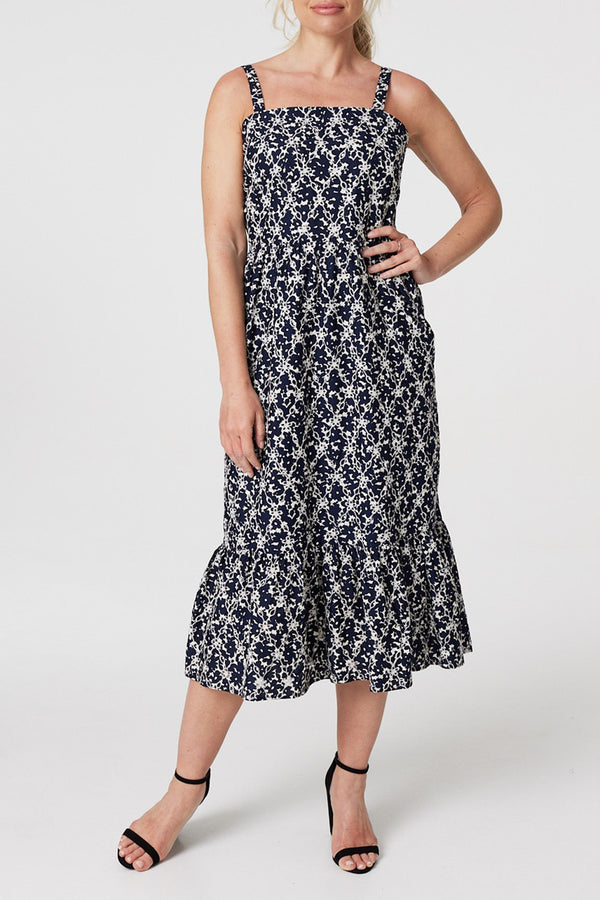 NAVY | Printed Sleeveless Smocked Midi Sun Dress