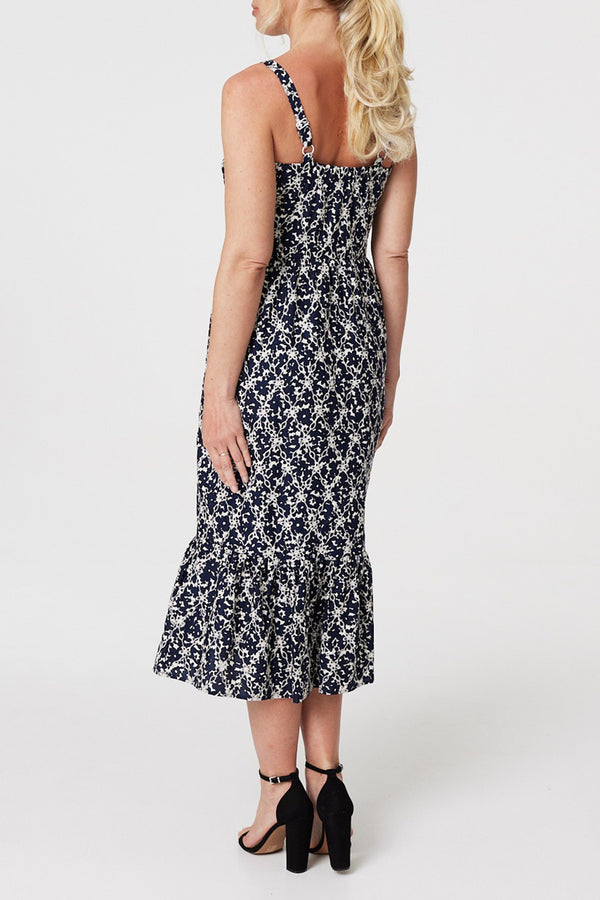 Smocked Printed Surplice Sleeveless Midi Dress