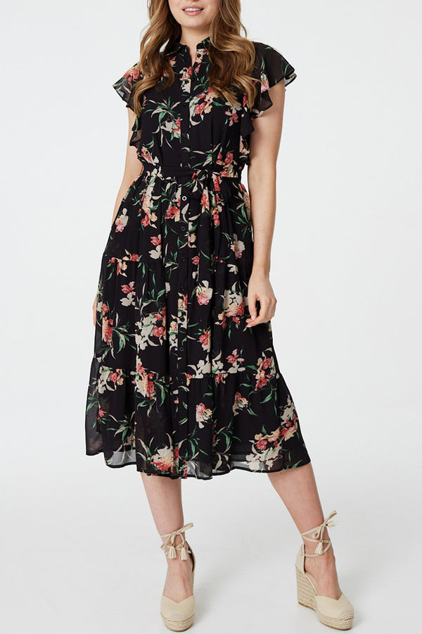 MULTI BLACK | Floral Angel Sleeve Midi Dress