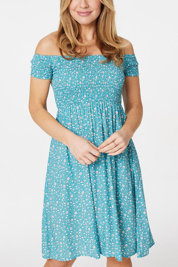 Turquose | Ditsy Floral Bardot Short Dress