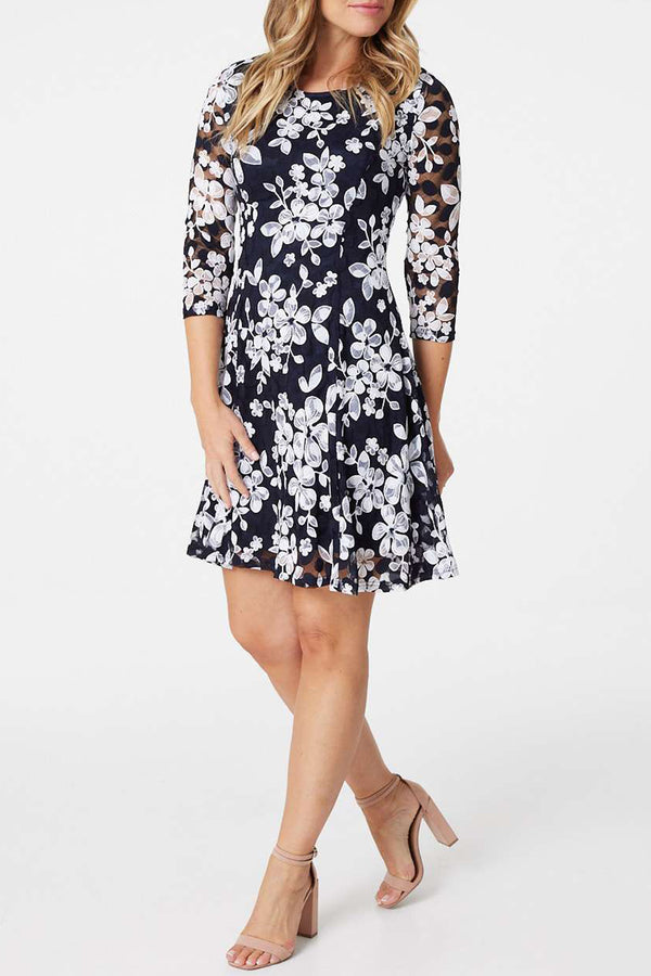 NAVY | Floral Lace 3/4 Sleeve Short Skater Dress