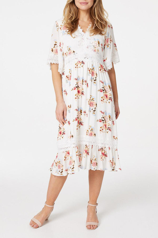 MULTI WHITE | Floral Lace 1/2 Sleeve Midi Dress