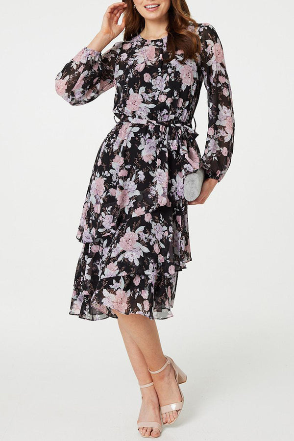 BLACK | Floral Layered Semi Sheer Wrap Midi Dress