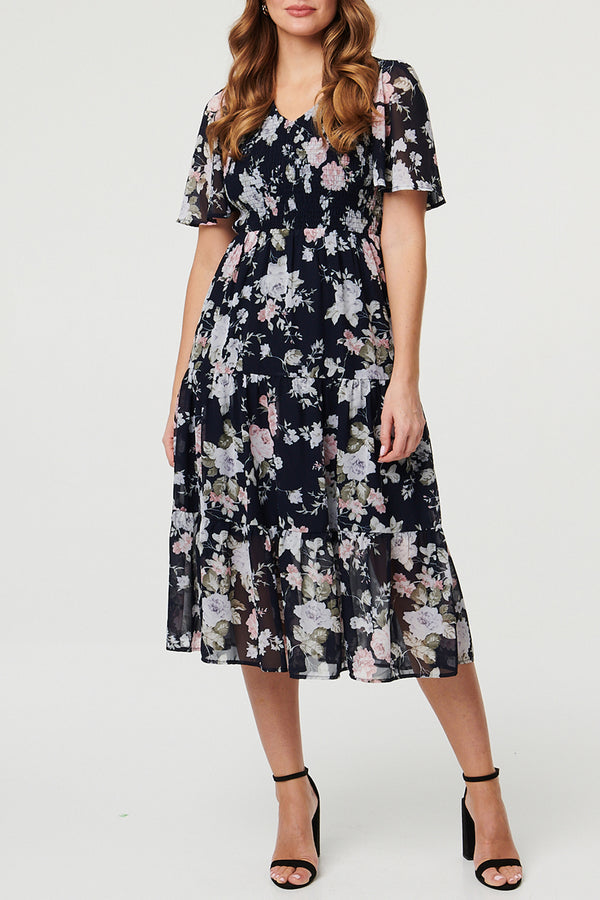 Floral Angel Sleeve Shirred Midi Dress| MULTI NAVY