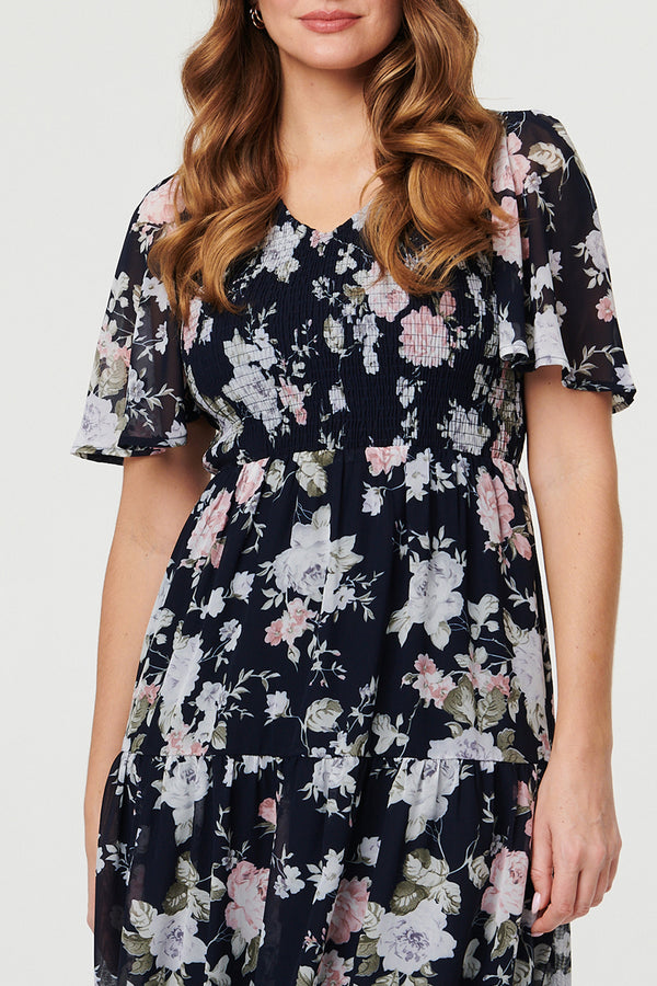 Floral Angel Sleeve Shirred Midi Dress| MULTI NAVY
