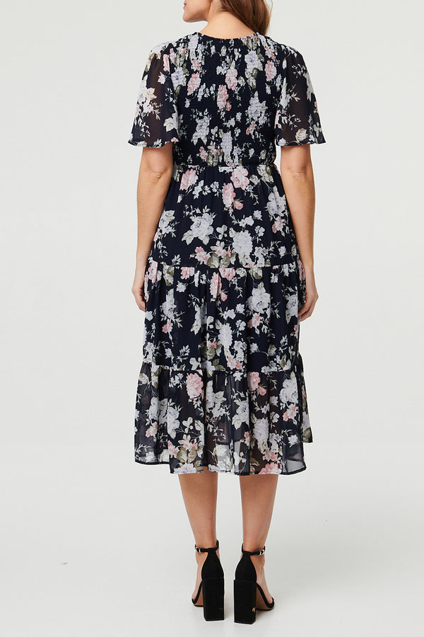 Floral Angel Sleeve Shirred Midi Dress| MULTI NAVY