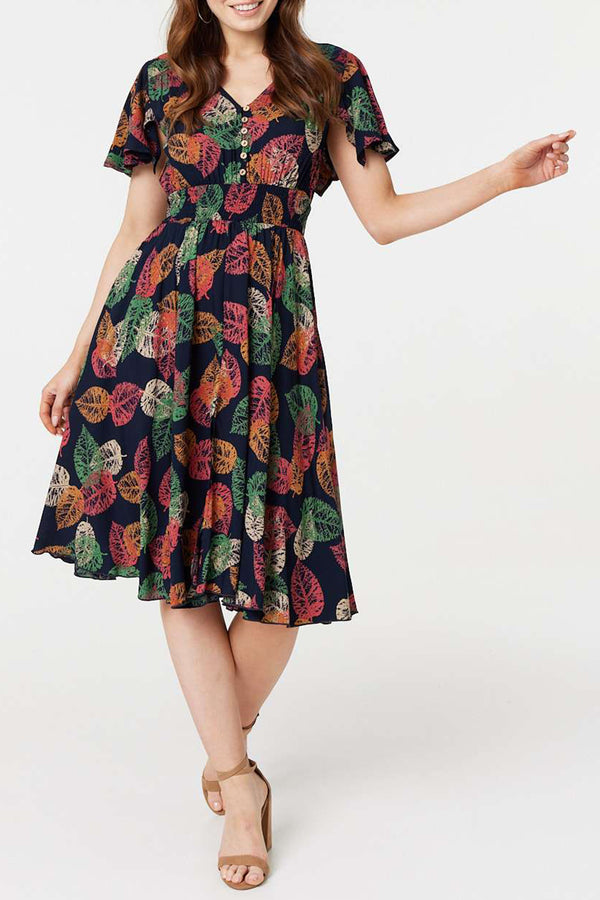 NAVY | Leaf Print V-Neck Knee Length Dress