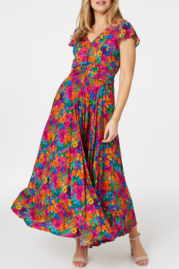MULTI PINK | Floral Ruched Front Maxi Dress