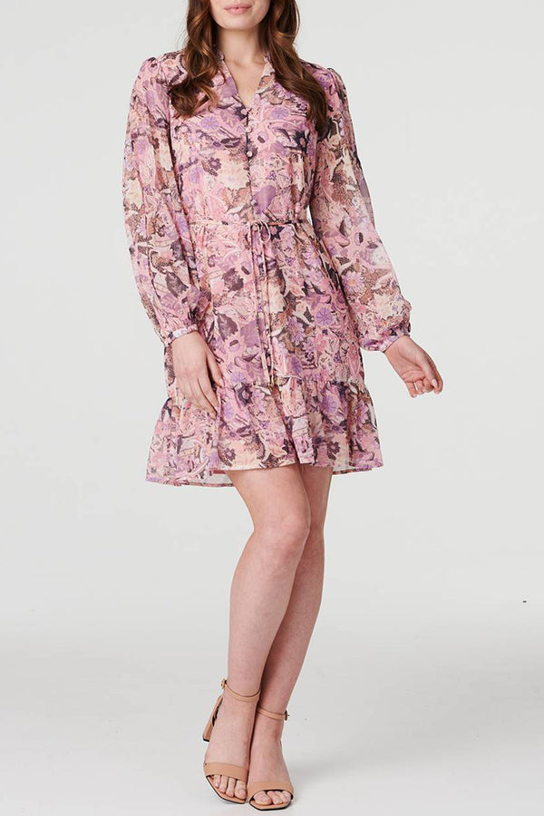 MULTI PINK | Floral Long Puff Sleeve Short Dress