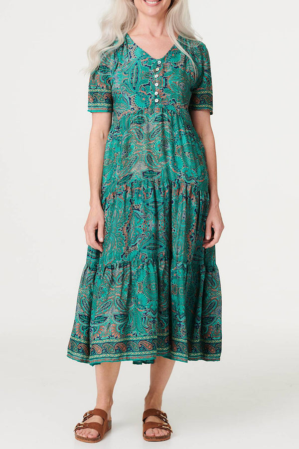 EMERALD | Paisley Print Tiered Midi Dress
