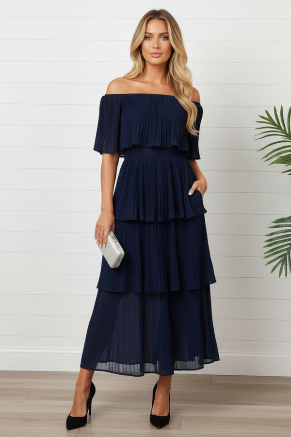 Pleated Layered Tiered Bardot Midi Dress| NAVY