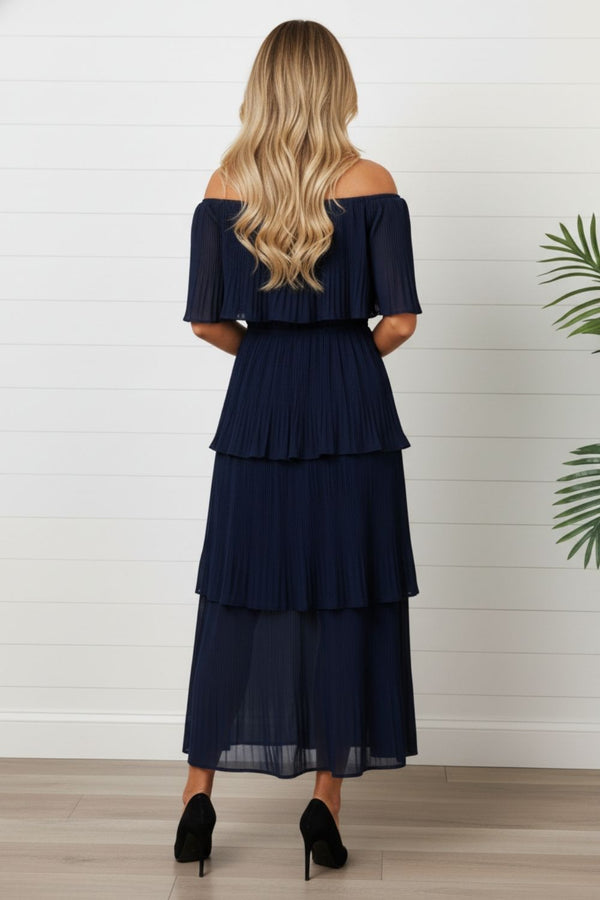 Pleated Layered Tiered Bardot Midi Dress| NAVY