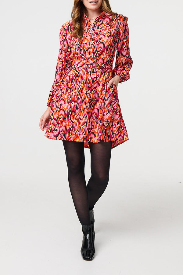 MULTI PINK | Printed Belt Detail Mini Shirt Dress