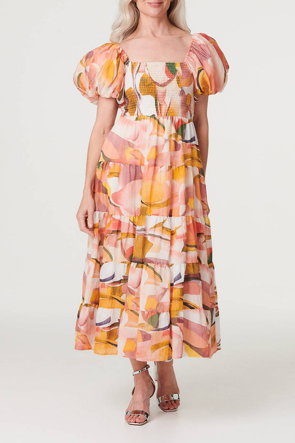 MULTICORAL | Printed Puff Sleeve Tiered Midi Dress