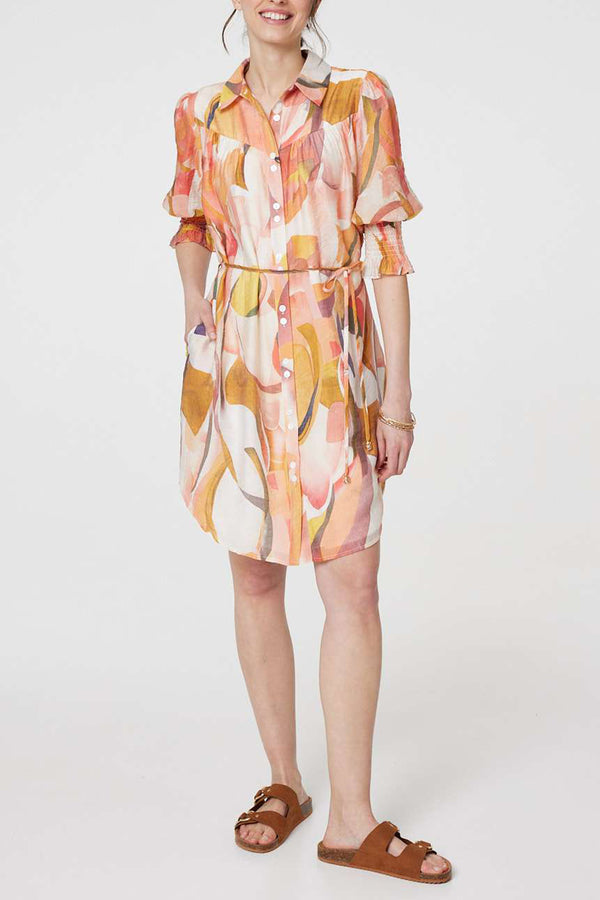 MULTI ORANGE | Printed 1/2 Puff Sleeve Shirt Dress