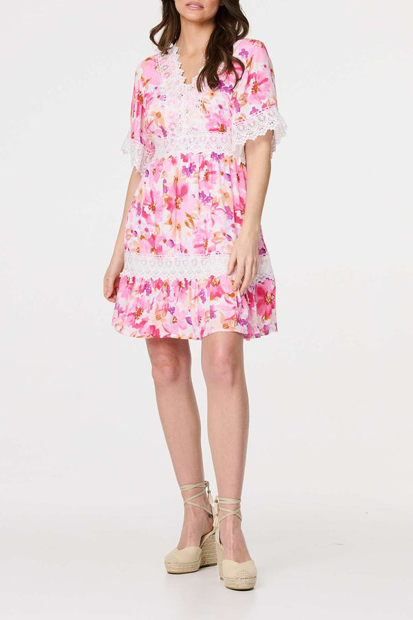MULTI WHITE | Floral Print Lace Trim Short Dress