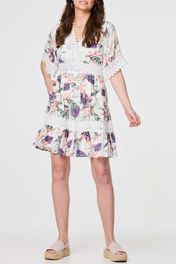 MULTI WHITE | Floral Short Sleeve Short Dress