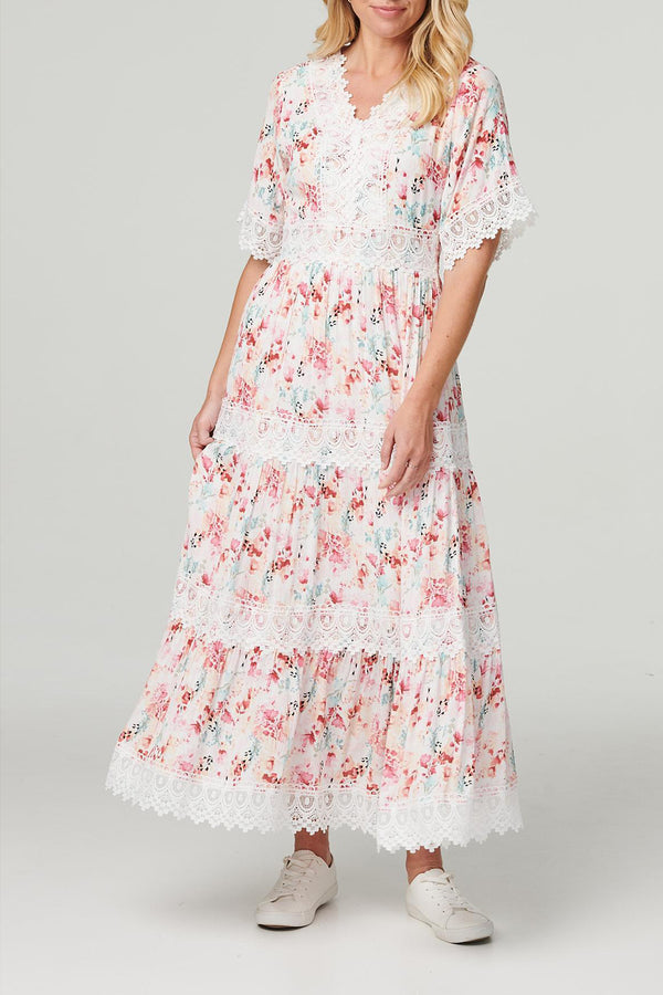 MULTI WHITE | Floral Lace Trim 1/2 Sleeve Maxi Dress